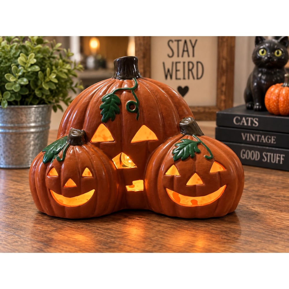 VTG Mid 1990's Lighted Ceramic Pumpkin Trio Jack O Lantern Fall/Halloween Decor